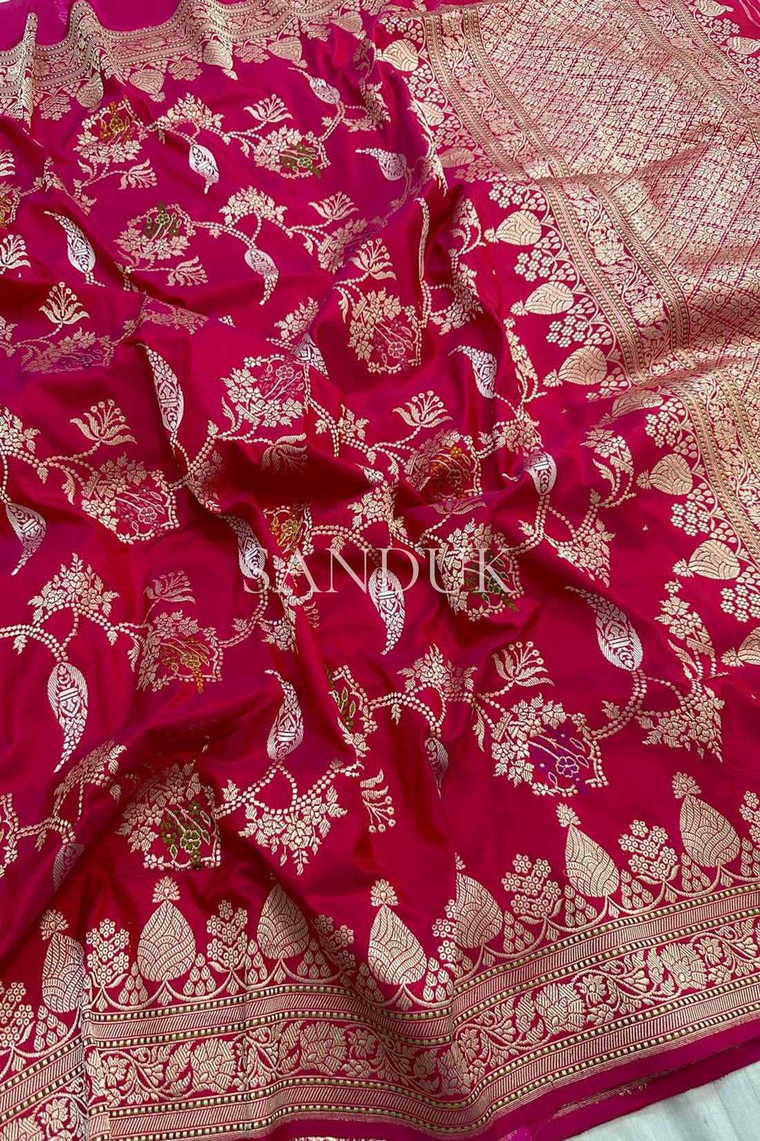 Ruby Red Katan Silk Jangla Saree
