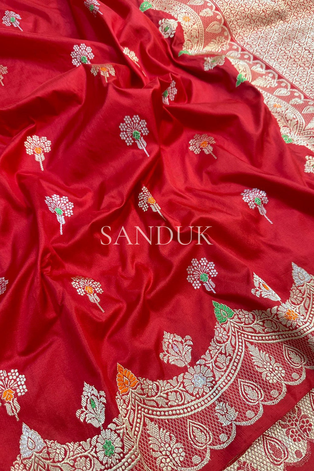 Flower motif Red Katan Silk Saree